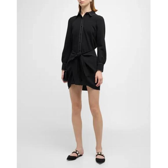 Cinq a Sept Gaby Tie Waist Topstitched Crepe Mini Dress Black Long Sleeve 0 - Picture 2 of 10
